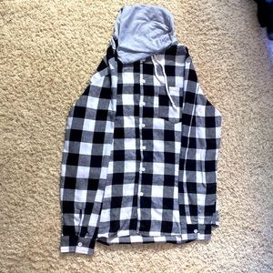Men plaid button hooded shirt